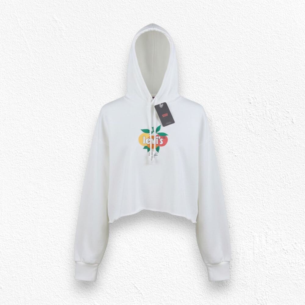 Levi’s White Cropped Graphic Hoodie California Fruit Logo Sweatshirt Size Medium